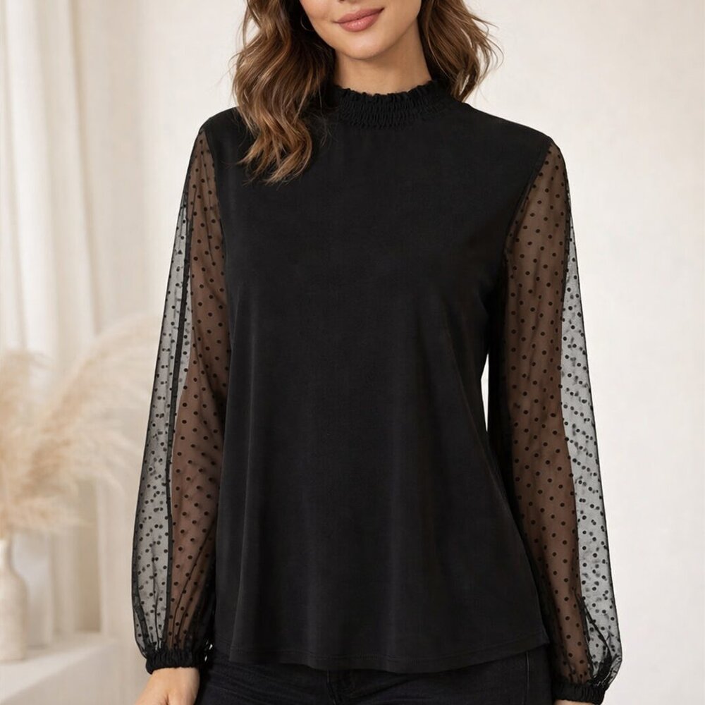 Anne Klein Black Blouse with Sheer Polka Dot Sleeves Size L